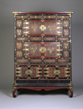  <em>Mandarin Duck Cabinet</em>, early 20th century. Lacquer on wood, zelkova burl panels, brass fittings, 63 1/8 x 44 3/4 x 22 1/4 in. (160.3 x 113.7 x 56.5 cm). Brooklyn Museum, George C. Brackett Fund, 34.530. Creative Commons-BY (Photo: Brooklyn Museum, 34.530_color_corrected_SL1.jpg)