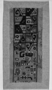 Wari. <em>Tunic, Fragment</em>, 600-1000. Cotton, camelid fiber, 16 15/16 X 7 1/2 in. (43 X 19 cm). Brooklyn Museum, George C. Brackett Fund, 34.550. Creative Commons-BY (Photo: Brooklyn Museum, 34.550_bw_IMLS.jpg)