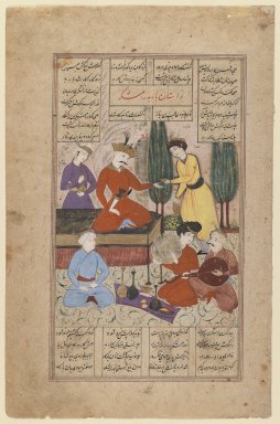  <em>Bahram Gur and Courtiers Entertained by Barbad the Musician, Page from a manuscript of the Shahnama of Firdawsi (d. 1020)</em>, second half of 17th century. Opaque watercolors, ink, and gold on paper., image: 10 3/4 x 6 5/16 in. (27.3 x 16 cm). Brooklyn Museum, Bequest of Frank L. Babbott, 34.6012 (Photo: Brooklyn Museum, 34.6012_recto_IMLS_PS3.jpg)