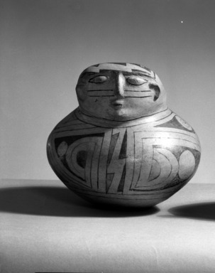 Pueblo (unidentified). <em>Human Effigy Vessel</em>, 17th century. Ceramic, pigment, 7 1/2 × 8 × 7 15/16 in. (19.1 × 20.3 × 20.2 cm). Brooklyn Museum, Brooklyn Museum Collection, 34.616. Creative Commons-BY (Photo: Brooklyn Museum, 34.616_acetate_bw.jpg)