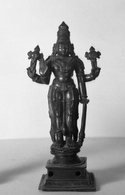  <em>Small Figure of Vishnu</em>, 18th century. Brass, 10 7/16 x 4 3/4 in. (26.5 x 12 cm). Brooklyn Museum, Brooklyn Museum Collection, 34.733. Creative Commons-BY (Photo: Brooklyn Museum, 34.733_acetate_bw.jpg)