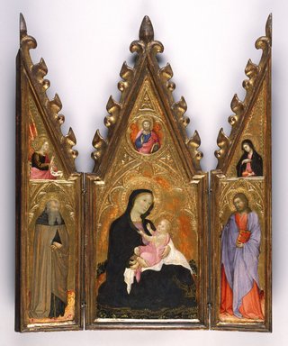 Andrea di Bartolo (Italian, Sienese, active by 1389, died 1428). <em>Madonna of Humility, portable altarpiece</em>, ca. 1410. Tempera and tooled gold on poplar panels, Central panel: 16 11/16 x 7 1/8 in. (42.4 x 18.1 cm). Brooklyn Museum, Gift of Mary Babbott Ladd, Lydia Babbott Stokes, and Frank L. Babbott, Jr. in memory of their father Frank L. Babbott, 34.839 (Photo: Brooklyn Museum, 34.839_SL3.jpg)