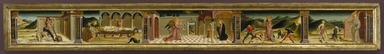 Nicola di Maestro Antonio d'Ancona (Italian, Marchigian School, documented 1472-1511). <em>Predella with Annunciation and Scenes from the Lives of Four Saints</em>, ca. 1475-1480. Tempera on panel, Image: 6 1/4 x 72 3/4 in. (15.9 x 184.8 cm). Brooklyn Museum, Gift of Mary Babbott Ladd, Lydia Babbott Stokes, and Frank L. Babbott, Jr. in memory of their father Frank L. Babbott, 34.844 (Photo: Brooklyn Museum, 34.844_SL1.jpg)
