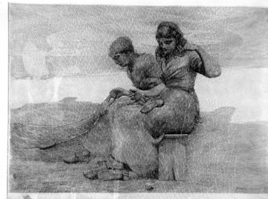Winslow Homer (American, 1836-1910). <em>Mending the Nets</em>. Etching, Image: 15 1/4 x 21 7/16 in. (38.7 x 54.5 cm). Brooklyn Museum, Museum Collection Fund, 35.1058 (Photo: Brooklyn Museum, 35.1058_acetate_bw.jpg)