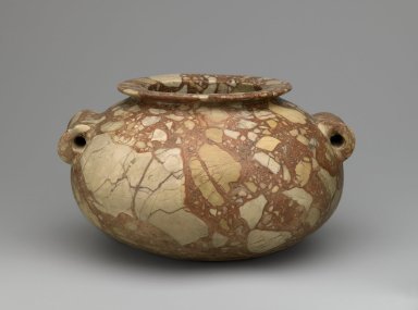  <em>Jar with Tubular Handles</em>, ca. 3500-3100 B.C.E. Breccia, 5 1/2 x greatest diam. 7 5/16 in. (14 x 18.5 cm). Brooklyn Museum, Charles Edwin Wilbour Fund, 35.1314. Creative Commons-BY (Photo: Brooklyn Museum, 35.1314_view1_PS6.jpg)