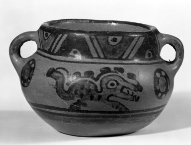 Maya. <em>Small Jar with Two Handles</em>. Ceramic, pigment, 3 x 5 1/4 x 4 1/2 in. (7.6 x 13.3 x 11.4 cm). Brooklyn Museum, A. Augustus Healy Fund, 35.1890. Creative Commons-BY (Photo: Brooklyn Museum, 35.1890_bw.jpg)