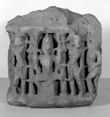  <em>Architectural Fragment with Relief of Seated Deity and Attendants</em>, 12th century. Sandstone, 12 3/16 x 12 5/8 x 3 15/16 in. (31 x 32 x 10 cm). Brooklyn Museum, Brooklyn Museum Collection, 35.1949. Creative Commons-BY (Photo: Brooklyn Museum, 35.1949_acetate_bw.jpg)