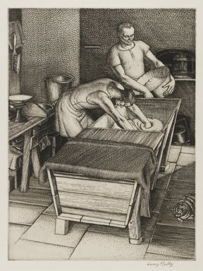 Harry Morley (British, 1881-1943). <em>The Bakehouse</em>, 1934. Line engraving on wove paper, 7 7/8 x 5 7/8 in. (20 x 15 cm). Brooklyn Museum, A. Augustus Healy Fund, 35.992 (Photo: Brooklyn Museum, 35.992_PS4.jpg)