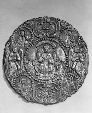 Greek-Orthodox. <em>Plaque from Constantinople</em>. Metal, diam: 9 1/16 in. (23 cm). Brooklyn Museum, Frank L. Babbott Fund, 36.118. Creative Commons-BY (Photo: Brooklyn Museum, 36.118_acetate_bw.jpg)