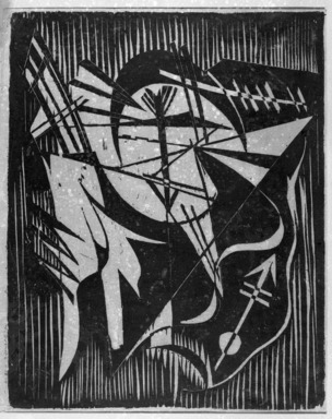 Werner Drewes (American, born Germany, 1899-1984). <em>Composition X-Dynamic</em>, 1934. Woodcut on white Japan paper, 9 1/2 x 12 1/2 in. (24.2 x 31.8 cm). Brooklyn Museum, Anonymous gift, 36.218. © artist or artist's estate (Photo: Brooklyn Museum, 36.218_acetate_bw.jpg)