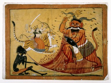 Indian. <em>Durga Slaying the Buffalo Demon, Raktabij, and Kali Lapping up the Demon's Blood, Page from a Markandeya Purana Series</em>, 1800-1825. Opaque watercolor on paper, sheet: 11 1/8 x 15 in.  (28.3 x 38.1 cm). Brooklyn Museum, Gift of Dr. Ananda K. Coomaraswamy, 36.245 (Photo: Brooklyn Museum, 36.245_IMLS_SL2.jpg)