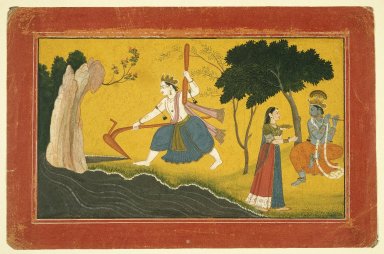 Indian. <em>Balamara Diverting the Course of the Yamuna River with his Plough</em>, ca. 1760–1765. Opaque watercolor and gold on paper, sheet: 7 5/16 x 11 3/16 in.  (18.6 x 28.4 cm). Brooklyn Museum, A. Augustus Healy Fund and Frank L. Babbott Fund, 36.250 (Photo: Brooklyn Museum, 36.250_IMLS_SL2.jpg)