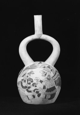 Moche. <em>Stirrup-Spout Vessel with Fineline Drawing</em>, 450-550 C.E. Ceramic, slips, 11 1/2 x 5 1/2 x 5 1/2 in. (29.2 x 14 x 14 cm). Brooklyn Museum, Gift of Mrs. Eugene Schaefer, 36.328. Creative Commons-BY (Photo: Brooklyn Museum, 36.328_acetate_bw.jpg)