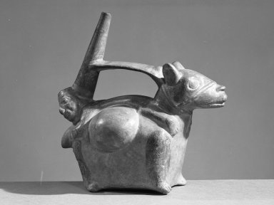Lambayeque. <em>Whistling Vessel of Llama Carrying Man and Bags</em>, ca. 1100-1400. Ceramic, 9 3/4 x 4 3/4 x 9 1/2 in. (24.8 x 12.1 x 24.1 cm). Brooklyn Museum, Gift of Mrs. Eugene Schaefer, 36.344. Creative Commons-BY (Photo: Brooklyn Museum, 36.344_acetate_bw.jpg)