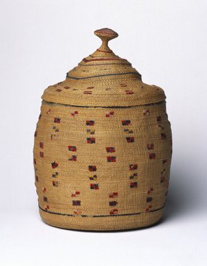 Aleut. <em>Basket and Lid</em>, early 20th century. Rye grass, wool, 7 1/4 x 6 1/8 x 6 1/8 in. (18.4 x 15.6 x 15.6 cm). Brooklyn Museum, Gift of Frederic B. Pratt, 36.498a-b. Creative Commons-BY (Photo: Brooklyn Museum, 36.498a-b_SL1.jpg)