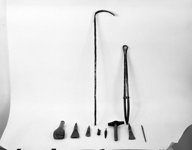 Kwanga. <em>Axe with Handle</em>, late 19th-early 20th century. Iron, wood, 27 5/8 x 2 1/4 in. (70.0 x 5.7 cm). Brooklyn Museum, Museum Collection Fund, 36.543a-b. Creative Commons-BY (Photo: , 36.531-.534_36.536-.539_36.543_36.545_bw.jpg)