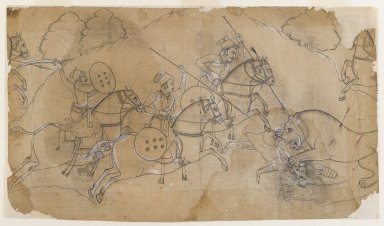 Indian. <em>Lion Hunt</em>, ca. 1680. Ink and color on paper, pounced for transfer, sheet: 9 1/2 x 16 5/8 in.  (24.1 x 42.2 cm). Brooklyn Museum, 36.844 (Photo: Brooklyn Museum, 36.844_IMLS_PS4.jpg)