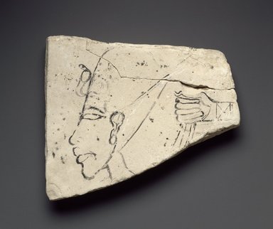  <em>Figured Ostracon with Head of Akhenaten</em>, ca. 1352–1336 B.C.E. Limestone, pigment, 4 11/16 x 5 5/8 x 1 in. (11.9 x 14.3 x 2.5 cm). Brooklyn Museum, Gift of the Egypt Exploration Society, 36.876. Creative Commons-BY (Photo: Brooklyn Museum, 36.876_SL3.jpg)