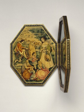 Lutf 'Ali Suratgar Shirazi (Persian, active 1802-1871). <em>Mirror Case</em>, AH 1262 / 1845 C.E. Ink, opaque watercolor, metallic pigment, and gold on papier mâché under a lacquered varnish; silvered glass and detailed leather, 6 1/4 x 7 1/2 in. (15.9 x 19.1 cm). Brooklyn Museum, Gift of Mr. and Mrs. Frederic B. Pratt, 36.940. Creative Commons-BY (Photo: Brooklyn Museum, 36.940_interior_SL1.jpg)