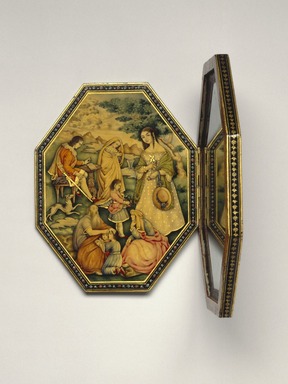 Lutf 'Ali Suratgar Shirazi (Persian, active 1802–1871). <em>Mirror Case</em>, AH 1262 / 1845 C.E. Ink, opaque watercolor, metallic pigment, and gold on papier mâché under a lacquered varnish; silvered glass and detailed leather, 6 1/4 x 7 1/2 in. (15.9 x 19.1 cm). Brooklyn Museum, Gift of Mr. and Mrs. Frederic B. Pratt, 36.940. Creative Commons-BY (Photo: Brooklyn Museum, 36.940_interior_SL1.jpg)