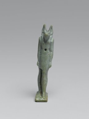  <em>Figure of Anubis</em>, 664-332 B.C.E. Faience, 2 1/16 x 3/8 x 11/16 in. (5.3 x 0.9 x 1.8 cm). Brooklyn Museum, Charles Edwin Wilbour Fund, 37.1017E. Creative Commons-BY (Photo: Brooklyn Museum, 37.1017E_front_PS2.jpg)
