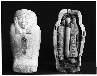  <em>Small Model of a Coffin with Two Ushabti of Seba</em>, ca. 1075-945 B.C.E. Wood, stone, linen, Sarcophagus length: 9 1/2 in. (24.1 cm). Brooklyn Museum, Charles Edwin Wilbour Fund, 37.126Ea-b. Creative Commons-BY (Photo: Brooklyn Museum, 37.126E_NegG_glass_bw_SL4.jpg)