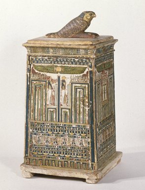  <em>Canopic Chest</em>, ca. 380–30 B.C.E. Wood, stucco, pigment, 20 1/16 x 8 11/16 x 9 7/16 in. (51 x 22 x 24 cm). Brooklyn Museum, Charles Edwin Wilbour Fund, 37.1390E. Creative Commons-BY (Photo: Brooklyn Museum, 37.1390E_reference_SL1.jpg)