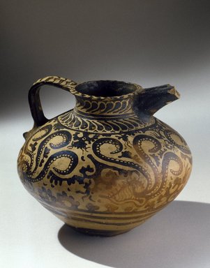 Greek. <em>Decorated Jug</em>, ca. 1575–1500 B.C.E. Clay, pigment, 8 11/16 x Diam. 9 5/8 in. (22 x 24.5 cm). Brooklyn Museum, Charles Edwin Wilbour Fund, 37.13E. Creative Commons-BY (Photo: Brooklyn Museum, 37.13E_left_SL1.jpg)