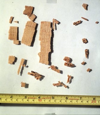  <em>Fragments of Rhind Mathematical Papyrus</em>, ca. 1493-1481 B.C.E. Papyrus, ink, Largest Fragment: 6 5/16 x 3 3/8 in. (16 x 8.5 cm). Brooklyn Museum, Charles Edwin Wilbour Fund, 37.1784Ea-b (Photo: Brooklyn Museum, 37.1784e_transpc005.jpg)