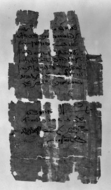  <em>Papyrus Fragments Inscribed in Demotic</em>, 1st-2nd century C.E. Papyrus, ink, Glass: 7 1/8 x 11 5/8 in. (18.1 x 29.5 cm). Brooklyn Museum, Charles Edwin Wilbour Fund, 37.1797E (Photo: Brooklyn Museum, 37.1797E_negGRP-A_bw_IMLS.jpg)