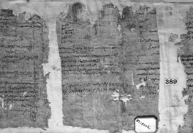  <em>Papyrus Fragments Inscribed in Greek</em>, 303 C.E. Papyrus, ink, Glass: 11 5/16 x 27 1/2 in. (28.8 x 69.8 cm). Brooklyn Museum, Charles Edwin Wilbour Fund, 37.1800E (Photo: Brooklyn Museum, 37.1800E_negD_bw_IMLS.jpg)