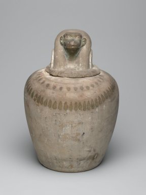  <em>Canopic Jar</em>, ca. 1539–1075 B.C.E. Limestone, pigment, 4 5/16 x 4 3/4 x 4 1/16 in. (10.9 x 12 x 10.4 cm). Brooklyn Museum, Charles Edwin Wilbour Fund, 37.1896Ea-b. Creative Commons-BY (Photo: Brooklyn Museum, 37.1896Ea-b_front_PS2.jpg)