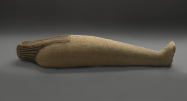  <em>Mummified Ibis</em>, 664–332 B.C.E. Animal remains, linen, 5 1/4 × 3 3/8 × 19 3/4 in. (13.3 × 8.6 × 50.2 cm). Brooklyn Museum, Charles Edwin Wilbour Fund, 37.1985E. Creative Commons-BY (Photo: Brooklyn Museum, 37.1985E_threequarter_PS2.jpg)