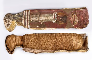  <em>Cat Mummy in Cartonnage</em>, ca. 760–390 B.C.E. Cartonnage, animal remains (Felis sylvestris, Felis libyca, or Felis chaus), linen, pigment, 9 1/2 x 6 x 35 in. (24.1 x 15.2 x 88.9 cm). Brooklyn Museum, Charles Edwin Wilbour Fund, 37.1991Ea-c. Creative Commons-BY (Photo: Brooklyn Museum (Gavin Ashworth,er), 37.1991Ea_37.1991Eb-c_Gavin_Ashworth_photograph.jpg)