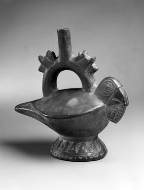 Lambayeque. <em>Stirrup Spout Vessel in Form of Bird</em>. Ceramic, black slip, 7 1/2 x 8 x 4 1/2 in. (19.1 x 20.3 x 11.4 cm). Brooklyn Museum, Frank Sherman Benson Fund and the Henry L. Batterman Fund, 37.2562PA. Creative Commons-BY (Photo: Brooklyn Museum, 37.2562PA_bw.jpg)