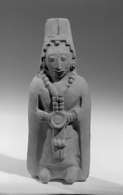 Maya. <em>Hollow Figurine</em>, 500-850. Ceramic, 8 1/4 x 3 3/16 x 2 1/8 in. (21 x 8.1 x 5.4 cm). Brooklyn Museum, Frank Sherman Benson Fund and the Henry L. Batterman Fund, 37.2784PA. Creative Commons-BY (Photo: Brooklyn Museum, 37.2784PA_acetate_bw.jpg)