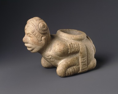 Mississippian. <em>Kneeling Figure Effigy Pipe</em>, 1400-1500. Stone, pigment, 4 13/16 x 6 11/16 x 3 3/8 in. (12.2 x 17 x 8.6 cm). Brooklyn Museum, Frank Sherman Benson Fund and the Henry L. Batterman Fund, 37.2802PA. Creative Commons-BY (Photo: Brooklyn Museum, 37.2802PA_SL1.jpg)
