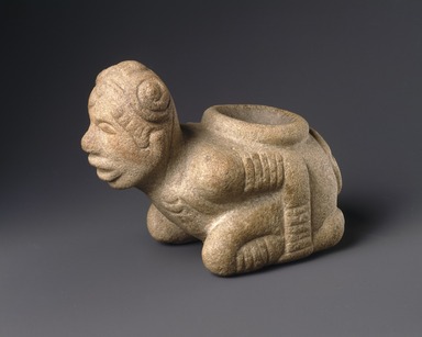 Mississippian. <em>Kneeling Figure Effigy Pipe</em>, 1400–1500. Stone, pigment, 4 13/16 x 6 11/16 x 3 3/8 in. (12.2 x 17 x 8.6 cm). Brooklyn Museum, Frank Sherman Benson Fund and the Henry L. Batterman Fund, 37.2802PA. Creative Commons-BY (Photo: Brooklyn Museum, 37.2802PA_SL1.jpg)