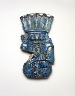  <em>Figure of the God Bes</em>, ca. 945–712 B.C.E., or later. Faience, 6 7/8 x 3 5/8 x 7/8 in. (17.5 x 9.2 x 2.3 cm). Brooklyn Museum, Charles Edwin Wilbour Fund, 37.309E. Creative Commons-BY (Photo: Brooklyn Museum, 37.309E_transp6128.jpg)