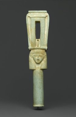  <em>Upper Part of Sistrum</em>, 664–525 B.C.E. or later. Faience, 8 1/16 x 1 15/16 x 1 1/4 in. (20.5 x 4.9 x 3.2 cm). Brooklyn Museum, Charles Edwin Wilbour Fund, 37.321E. Creative Commons-BY (Photo: Brooklyn Museum, 37.321E_PS2.jpg)