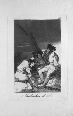 Francisco de Goya y Lucientes (Spanish, 1746–1828). <em>Lads Making Ready (Muchachos al avío)</em>, 1797–1798. Etching, aquatint, and burin on laid paper, Sheet: 11 7/8 x 8 in. (30.2 x 20.3 cm). Brooklyn Museum, A. Augustus Healy Fund, Frank L. Babbott Fund, and Carll H. de Silver Fund, 37.33.11 (Photo: Brooklyn Museum, 37.33.11_view3_bw.jpg)