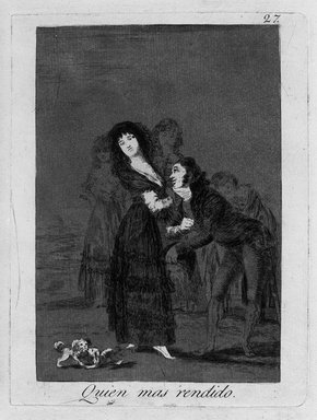 Francisco de Goya y Lucientes (Spanish, 1746-1828). <em>Which of Them Is the More Overcome? (Quien mas rendido?)</em>, 1797-1798. Etching, aquatint, and drypoint, Sheet: 11 7/8 x 7 7/8 in. (30.2 x 20 cm). Brooklyn Museum, A. Augustus Healy Fund, Frank L. Babbott Fund, and Carll H. de Silver Fund, 37.33.27 (Photo: Brooklyn Museum, 37.33.27_view1_bw.jpg)
