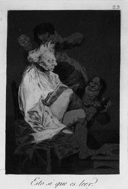 Francisco de Goya y Lucientes (Spanish, 1746-1828). <em>That Certainly Is Being Able to Read (Esto si que es leer)</em>, 1797-1798. Etching, aquatint, and drypoint on laid paper, Sheet: 11 13/16 x 7 7/8 in. (30 x 20 cm). Brooklyn Museum, A. Augustus Healy Fund, Frank L. Babbott Fund, and Carll H. de Silver Fund, 37.33.29 (Photo: Brooklyn Museum, 37.33.29_view1_bw.jpg)