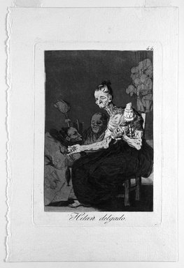 Francisco de Goya y Lucientes (Spanish, 1746-1828). <em>They Spin Finely (Hilan delgado)</em>, 1797-1798. Etching and aquatint, Sheet: 11 7/8 x 8 in. (30.2 x 20.3 cm). Brooklyn Museum, A. Augustus Healy Fund, Frank L. Babbott Fund, and Carll H. de Silver Fund, 37.33.44 (Photo: Brooklyn Museum, 37.33.44_bw.jpg)