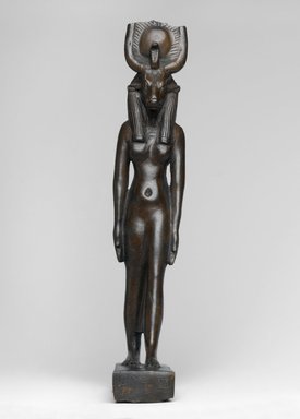  <em>The Goddess Hathor</em>, ca. 664-30 B.C.E. or later. Bronze, gold, electrum, 7 1/2 x 1 7/16 x 2 7/8 in. (19 x 3.7 x 7.3 cm). Brooklyn Museum, Charles Edwin Wilbour Fund, 37.356E. Creative Commons-BY (Photo: Brooklyn Museum, 37.356E_front_PS1.jpg)