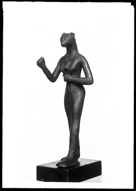  <em>Small Figurine of the Goddess Bast</em>, 664–332 B.C.E. Bronze, 4 15/16 x 1 9/16 x 1 11/16 in. (12.6 x 3.9 x 4.3 cm). Brooklyn Museum, Charles Edwin Wilbour Fund, 37.378E. Creative Commons-BY (Photo: Brooklyn Museum, 37.378E_NegA_SL4.jpg)