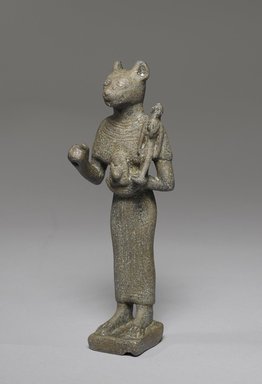  <em>Standing Bastet</em>, 332–30 B.C.E. Bronze, 4 13/16 x 1 7/16 x 1 1/2 in. (12.2 x 3.6 x 3.8 cm). Brooklyn Museum, Charles Edwin Wilbour Fund, 37.379E. Creative Commons-BY (Photo: Brooklyn Museum, 37.379E_threequarter_PS9.jpg)