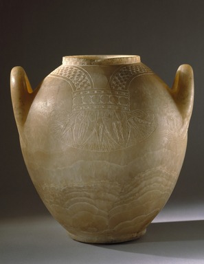  <em>Jar with Floral Collar in Relief</em>, ca. 1292-1190 B.C.E. Egyptian alabaster, 11 1/4 x 9 13/16 x 11 1/8 in. (28.5 x 25 x 28.3 cm). Brooklyn Museum, Charles Edwin Wilbour Fund, 37.386E. Creative Commons-BY (Photo: Brooklyn Museum, 37.386E_SL1.jpg)