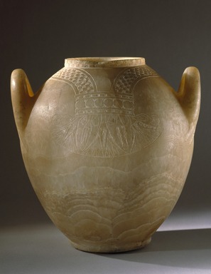  <em>Jar with Floral Collar in Relief</em>, ca. 1292–1190 B.C.E. Egyptian alabaster (calcite), 11 1/4 × 9 13/16 × 11 1/8 in. (28.5 × 25 × 28.3 cm). Brooklyn Museum, Charles Edwin Wilbour Fund, 37.386E. Creative Commons-BY (Photo: Brooklyn Museum, 37.386E_SL1.jpg)