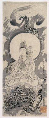 Kawanabe Kyosai (Japanese, 1831-1889). <em>The Goddess Kwannon on a Dragon</em>, 1888. Woodblock color print, 25 x 9 5/8 in. (63.5 x 24.5 cm). Brooklyn Museum, By exchange, 37.436 (Photo: Brooklyn Museum, 37.436_IMLS_SL2.jpg)